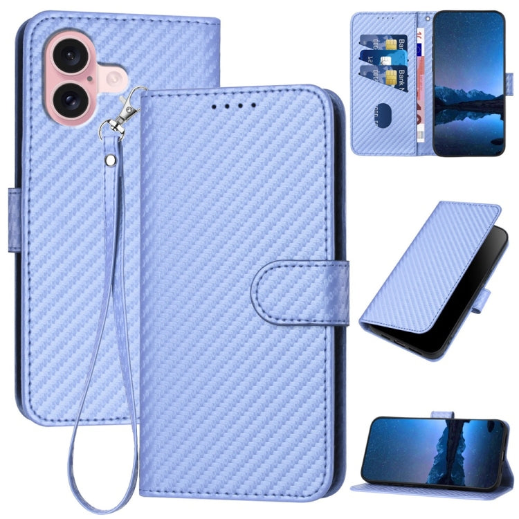 For iPhone 16 YX0070 Carbon Fiber Buckle Leather Phone Case with Lanyard(Light Purple) - iPhone 16 Cases by buy2fix | Online Shopping UK | buy2fix