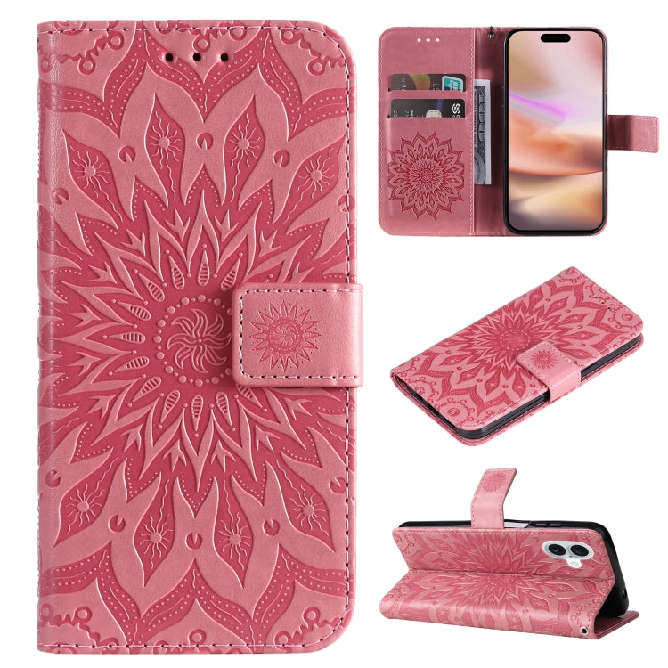 For iPhone 16 Plus Embossed Sunflower Pattern Flip Leather Phone Case(Pink) - iPhone 16 Plus Cases by buy2fix | Online Shopping UK | buy2fix