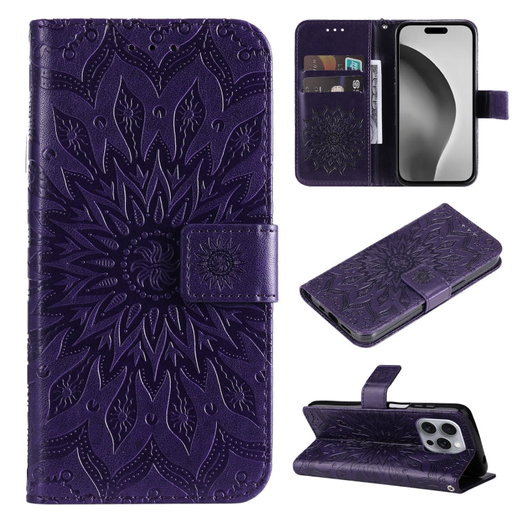 For iPhone 16 Pro Max Embossed Sunflower Pattern Flip Leather Phone Case(Purple) - iPhone 16 Pro Max Cases by buy2fix | Online Shopping UK | buy2fix