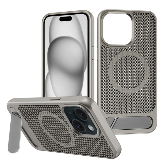 For iPhone 15 Honeycomb Cooling MagSafe Phone Case with Invisible Holder(Grey) - iPhone 15 Cases by buy2fix | Online Shopping UK | buy2fix