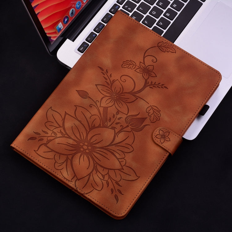 For Samsung Galaxy Tab S9 / S9 FE Lily Embossed Leather Tablet Case(Brown) - Galaxy Tab S9 Cases by buy2fix | Online Shopping UK | buy2fix