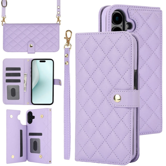 For iPhone 16 Crossbody Multifunction Rhombic Leather Phone Case(Purple) - iPhone 16 Cases by buy2fix | Online Shopping UK | buy2fix