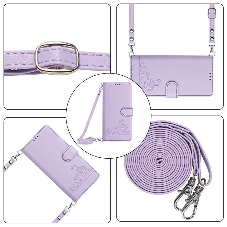 For Motorola Moto G Power 5G 2024 Cat Rat Embossed Pattern RFID Leather Phone Case with Lanyard(Purple) - Motorola Cases by buy2fix | Online Shopping UK | buy2fix