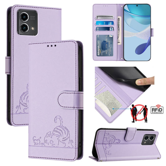 For Motorola Moto G Stylus 5G 2024 Cat Rat Embossed Pattern RFID Leather Phone Case with Lanyard(Purple) - Motorola Cases by buy2fix | Online Shopping UK | buy2fix