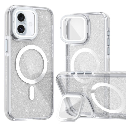 For iPhone 16 Plus Two-color Glitter Powder Lens Holder Magsafe Phone Case(White) - iPhone 16 Plus Cases by buy2fix | Online Shopping UK | buy2fix