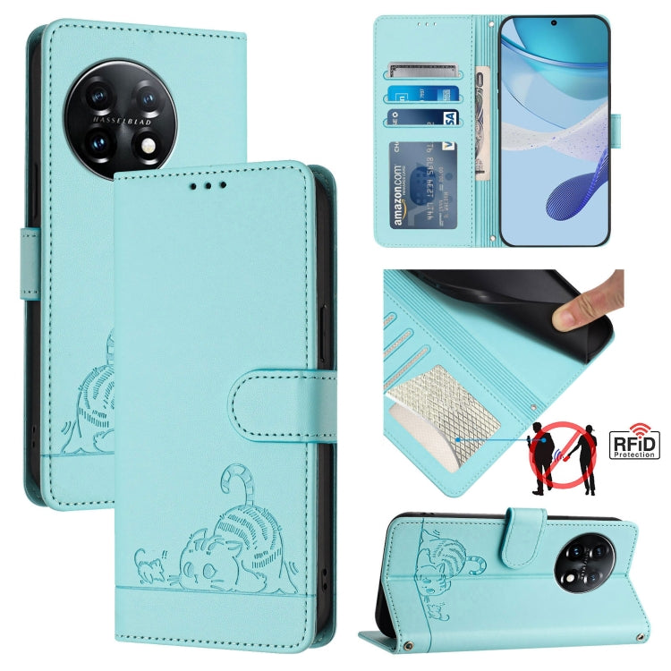 For OnePlus 11 Cat Rat Embossed Pattern RFID Leather Phone Case with Lanyard(Mint Green) - OnePlus Cases by buy2fix | Online Shopping UK | buy2fix