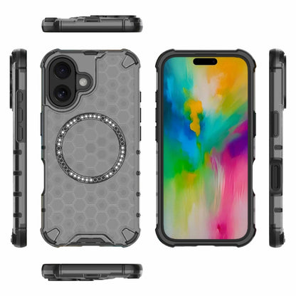 For iPhone 16 Honeycomb Magnetic Ring Shockproof Phone Case(Black) - iPhone 16 Cases by buy2fix | Online Shopping UK | buy2fix