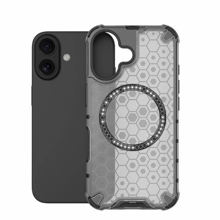 For iPhone 16 Honeycomb Magnetic Ring Shockproof Phone Case(Black) - iPhone 16 Cases by buy2fix | Online Shopping UK | buy2fix