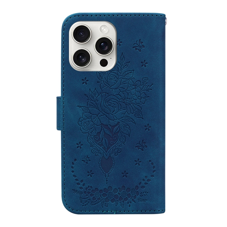 For iPhone 16 Pro Max Butterfly Rose Embossed Leather Phone Case(Blue) - iPhone 16 Pro Max Cases by buy2fix | Online Shopping UK | buy2fix