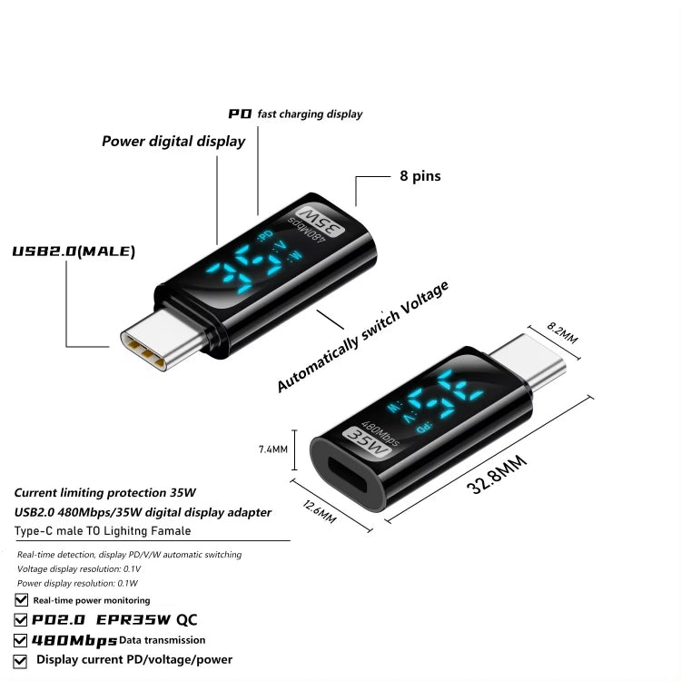 Type-C Male to 8 Pin Female 35W Charging Adapter with Digital Display(Black) - Converter & Adapter by buy2fix | Online Shopping UK | buy2fix