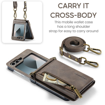 For Samsung Galaxy Z Flip6 DG.MING M5 Series Zip RFID Multi Card Detachable Leather Phone Case with Long Lanyard(Coffee) - Galaxy Z Flip6 5G Cases by DG.MING | Online Shopping UK | buy2fix