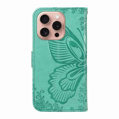 For iPhone 16 Pro Swallowtail Butterfly Embossed Leather Phone Case(Green) - iPhone 16 Pro Cases by buy2fix | Online Shopping UK | buy2fix