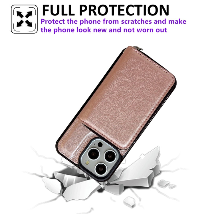 For iPhone 16 Pro Solid Color Zipper 11-Card Slots Bag Phone Case with Lanyard(Rose Gold) - iPhone 16 Pro Cases by buy2fix | Online Shopping UK | buy2fix