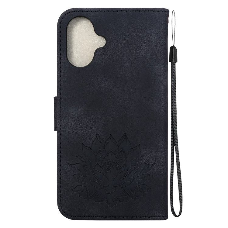 For iPhone 16 Lotus Embossed Leather Phone Case(Black) - iPhone 16 Cases by buy2fix | Online Shopping UK | buy2fix