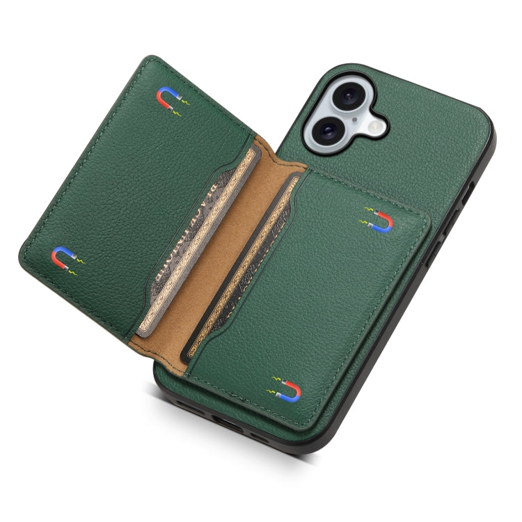 For iPhone 16 Calf Texture Card Bag Design Full Coverage Phone Case(Green) - iPhone 16 Cases by buy2fix | Online Shopping UK | buy2fix