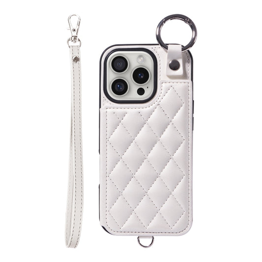 For iPhone 16 Pro Rhombic Texture Card Bag Phone Case with Short Lanyard(White) - iPhone 16 Pro Cases by buy2fix | Online Shopping UK | buy2fix