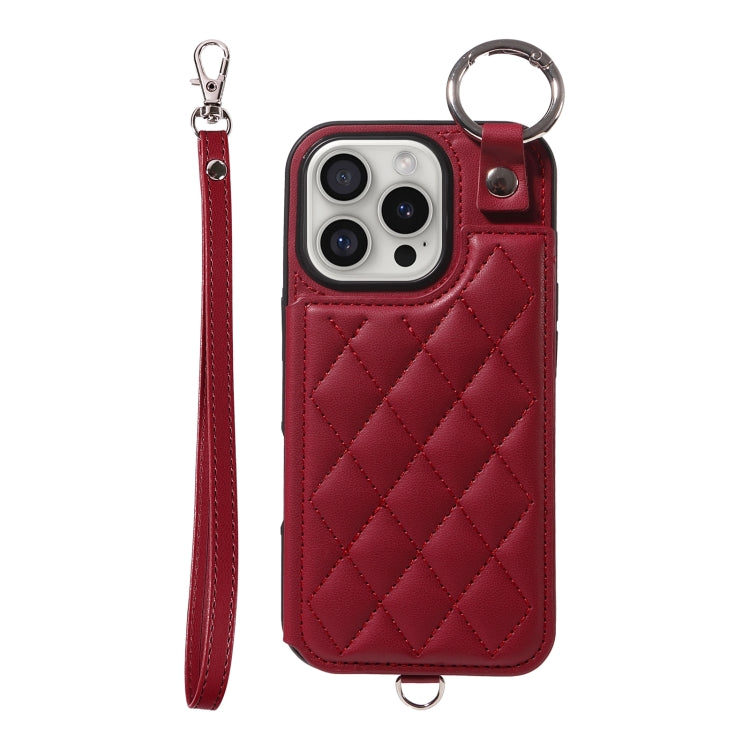 For iPhone 16 Pro Rhombic Texture Card Bag Phone Case with Short Lanyard(Wine Red) - iPhone 16 Pro Cases by buy2fix | Online Shopping UK | buy2fix