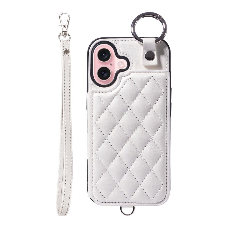 For iPhone 16 Rhombic Texture Card Bag Phone Case with Short Lanyard(White) - iPhone 16 Cases by buy2fix | Online Shopping UK | buy2fix