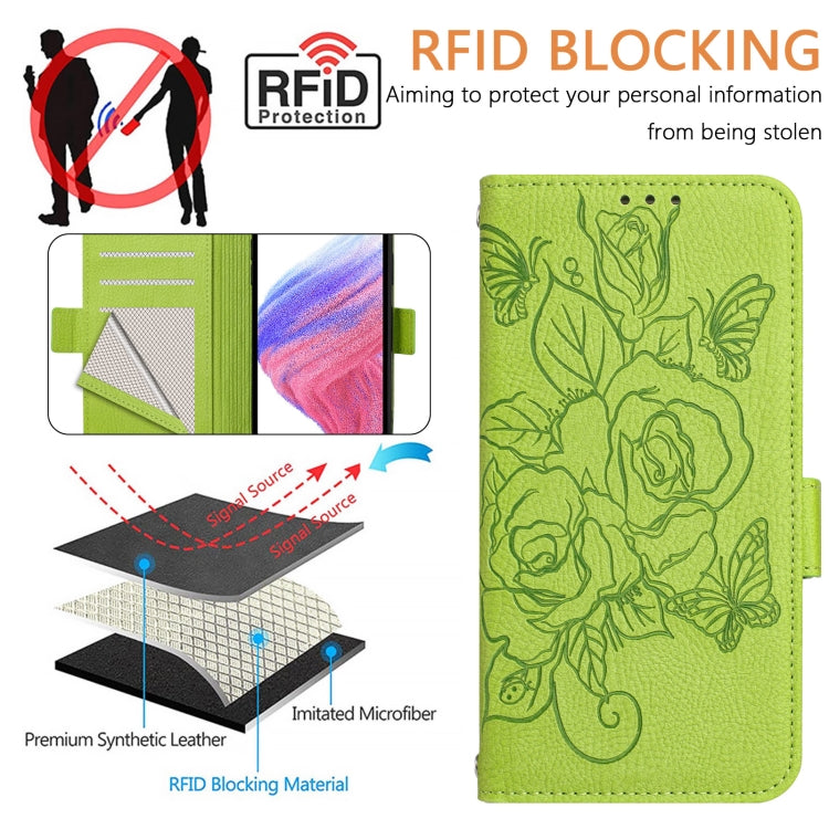 For Samsung Galaxy S25 Ultra 5G Embossed Rose RFID Anti-theft Leather Phone Case(Green) - Galaxy S25 Ultra 5G Cases by buy2fix | Online Shopping UK | buy2fix