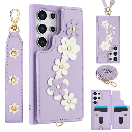 For Samsung Galaxy S25 Ultra 5G Crossbody Flower Pattern Leather Phone Case(Purple) - Galaxy S25 Ultra 5G Cases by buy2fix | Online Shopping UK | buy2fix