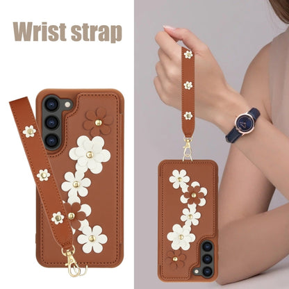 For Samsung Galaxy S25+ 5G Crossbody Flower Pattern Leather Phone Case(Brown) - Galaxy S23+ 5G Cases by buy2fix | Online Shopping UK | buy2fix