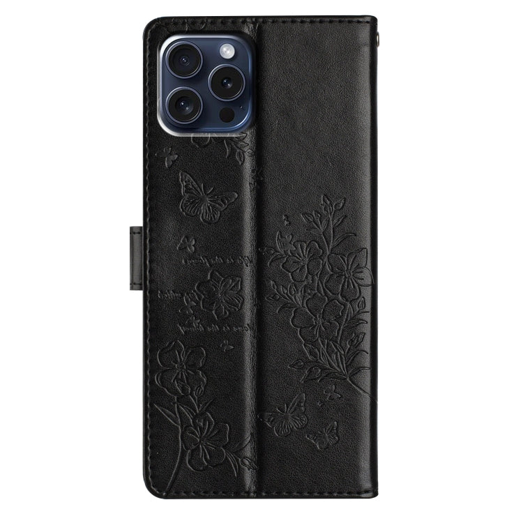 For iPhone 16 Pro Butterflies and Flowers Leather Phone Case(Black) - iPhone 16 Pro Cases by buy2fix | Online Shopping UK | buy2fix