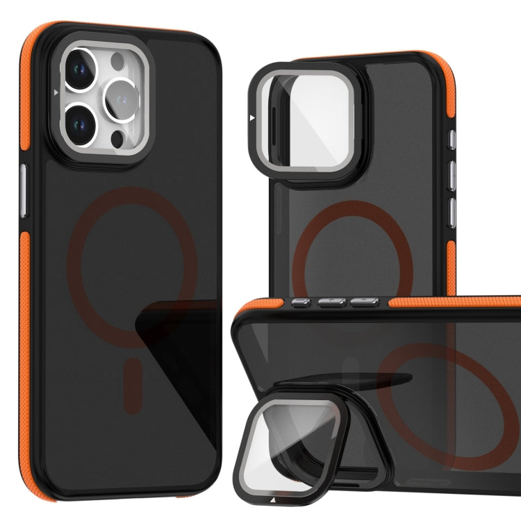 For iPhone 12 Pro Max Magsafe Dual-Color Skin Feel Lens Film Phone Case with Lens Fold Holder(Orange) - iPhone 12 Pro Max Cases by buy2fix | Online Shopping UK | buy2fix