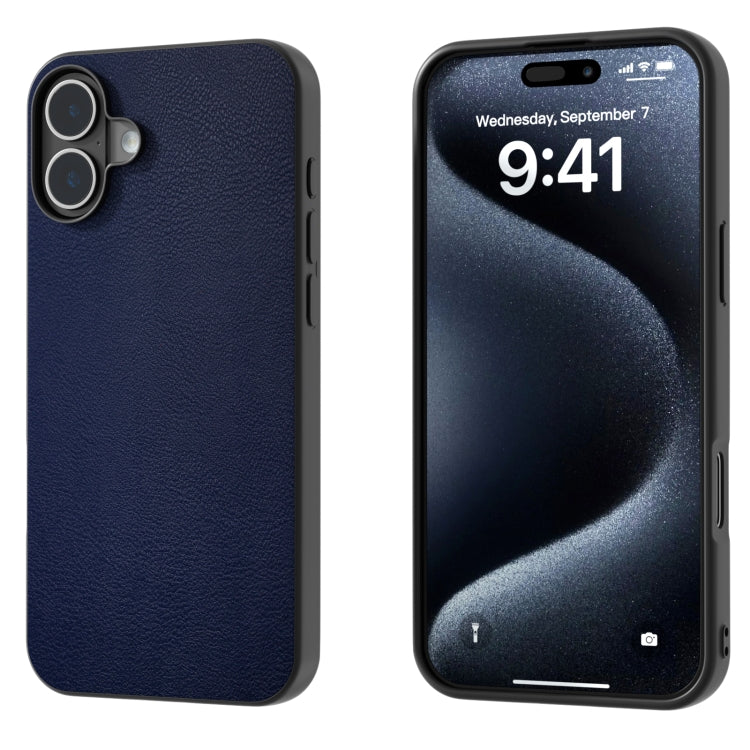 For iPhone 16 PU Leather Black Frame Full Coverage Phone Case(Dark Blue) - iPhone 16 Cases by buy2fix | Online Shopping UK | buy2fix