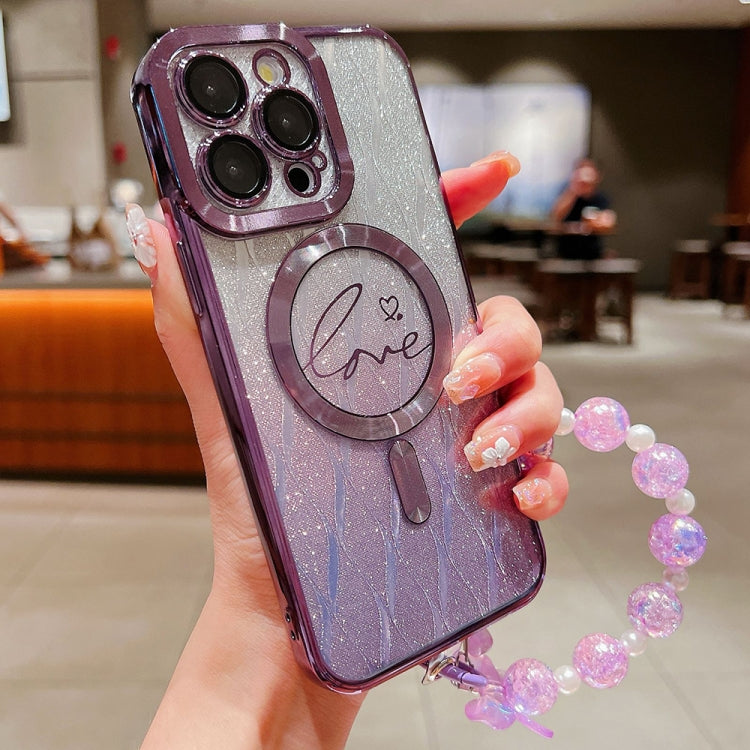 For iPhone 16 Pro Max Dual-Love Leaves Gradient Glitter Bracelets Magsafe TPU Phone Case(Purple) - iPhone 16 Pro Max Cases by buy2fix | Online Shopping UK | buy2fix