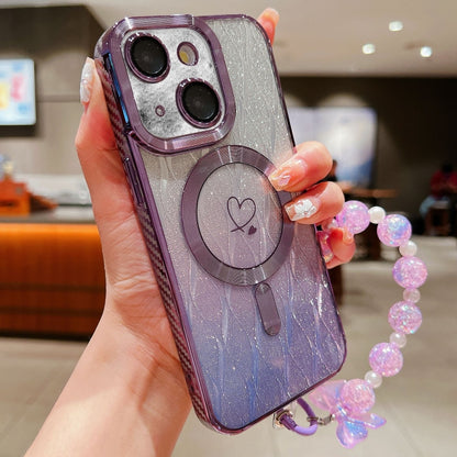 For iPhone 15 Plus Loves Leaves Gradient Glitter Bracelets Carbon Fiber Magsafe TPU Phone Case(Purple) - iPhone 15 Plus Cases by buy2fix | Online Shopping UK | buy2fix