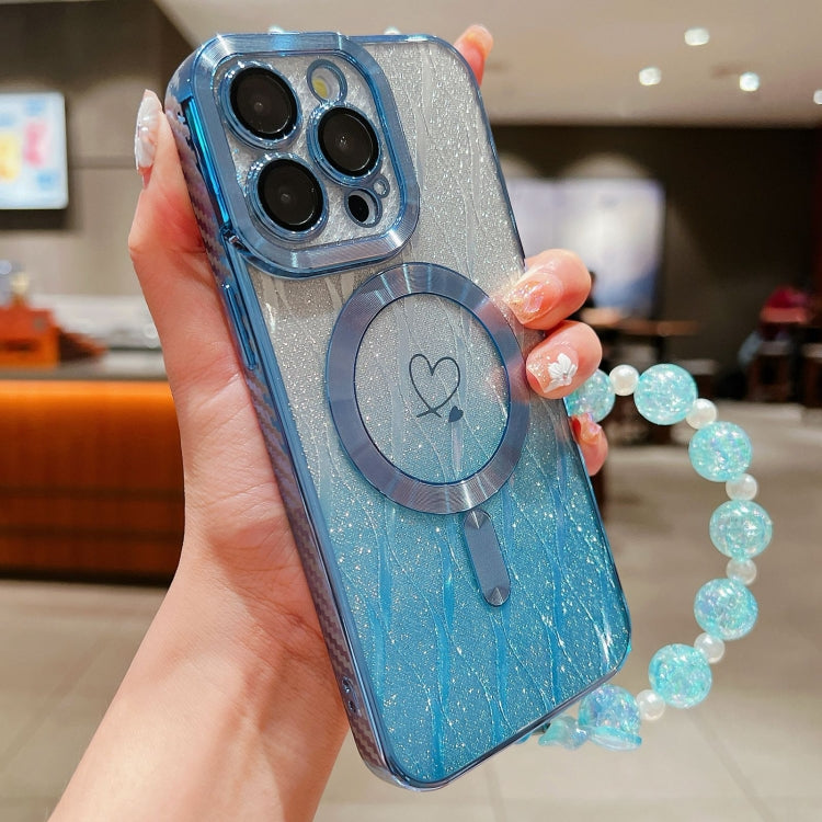 For iPhone 13 Pro Loves Leaves Gradient Glitter Bracelets Carbon Fiber Magsafe TPU Phone Case(Blue) - iPhone 13 Pro Cases by buy2fix | Online Shopping UK | buy2fix