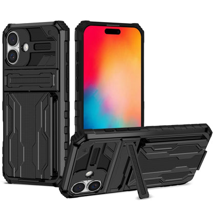 For iPhone 16 Plus Kickstand Armor Card Wallet Phone Case(Black) - iPhone 16 Plus Cases by buy2fix | Online Shopping UK | buy2fix