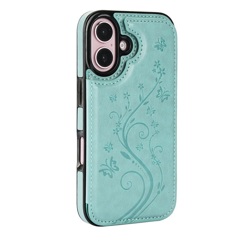 For iPhone 16 Plus Double Buckle Butterfly Embossing PU Phone Case(Green) - iPhone 16 Plus Cases by buy2fix | Online Shopping UK | buy2fix