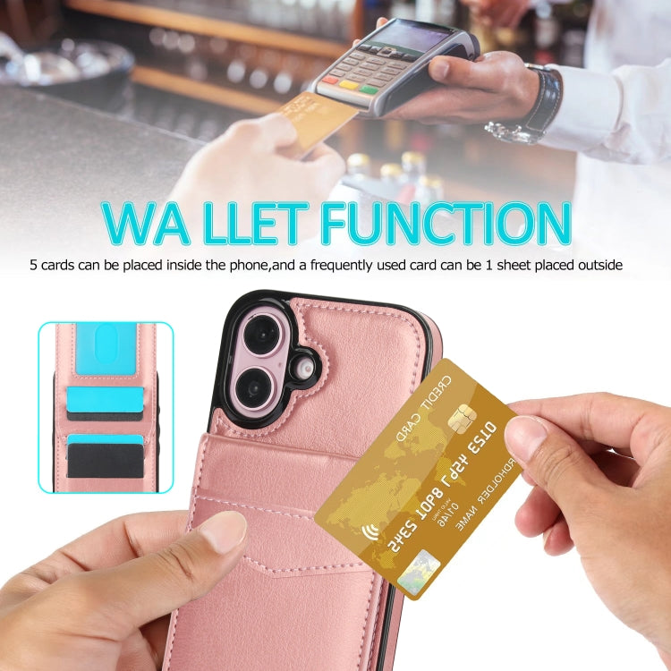 For iPhone 16 Plus Solid Color Card Slots Bracket PU Phone Case(Rose Gold) - iPhone 16 Plus Cases by buy2fix | Online Shopping UK | buy2fix