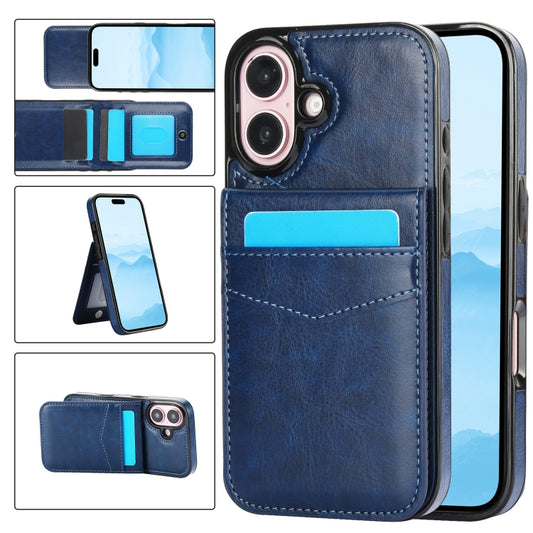 For iPhone 16 Solid Color Card Slots Bracket PU Phone Case(Blue) - iPhone 16 Cases by buy2fix | Online Shopping UK | buy2fix