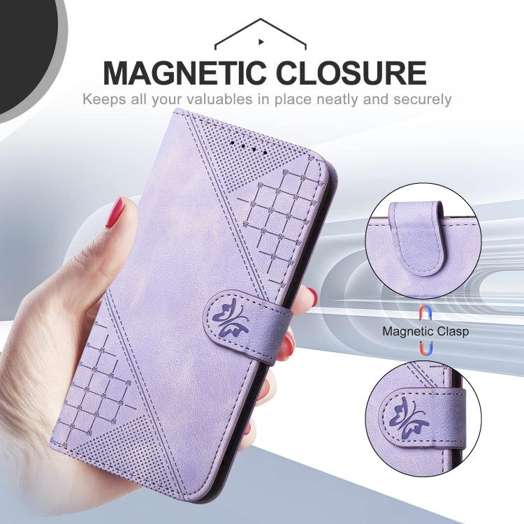 For OnePlus 11 YX0080 Grid Butterfly Embossed Pattern Flip Leather Phone Case with Lanyard(Light Purple) - OnePlus Cases by buy2fix | Online Shopping UK | buy2fix