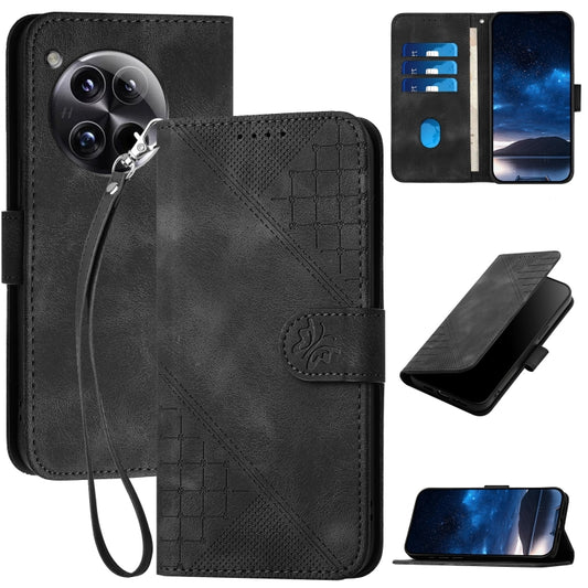 For OnePlus 12 YX0080 Grid Butterfly Embossed Pattern Flip Leather Phone Case with Lanyard(Black) - OnePlus Cases by buy2fix | Online Shopping UK | buy2fix