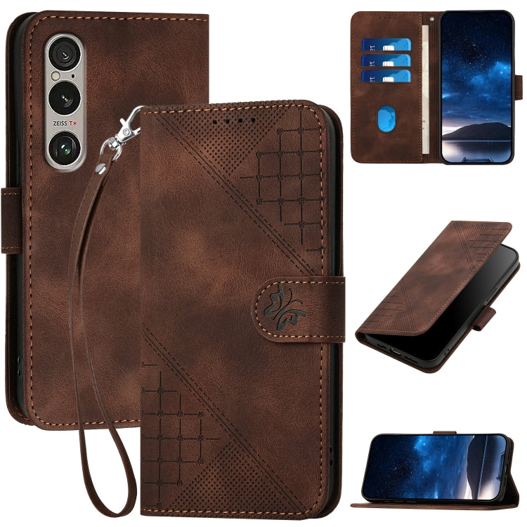 For Sony Xperia 1 VI 2024 YX0080 Grid Butterfly Embossed Pattern Flip Leather Phone Case with Lanyard(Coffee) - Sony Cases by buy2fix | Online Shopping UK | buy2fix