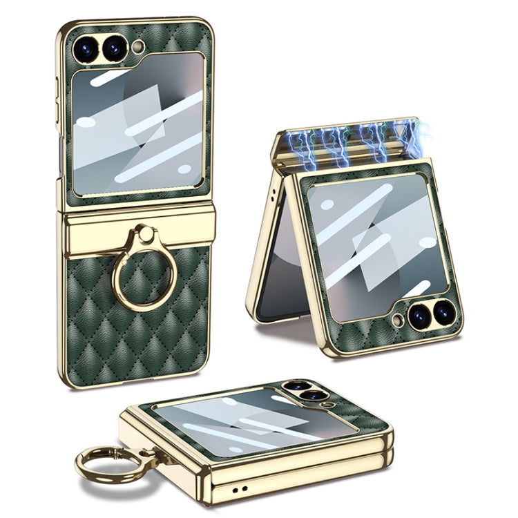 For Samsung Galaxy Z Flip6 GKK Rhombus Pattern Integrated Electroplated Leather Phone Case with Ring(Dark Green) - Galaxy Z Flip6 5G Cases by GKK | Online Shopping UK | buy2fix