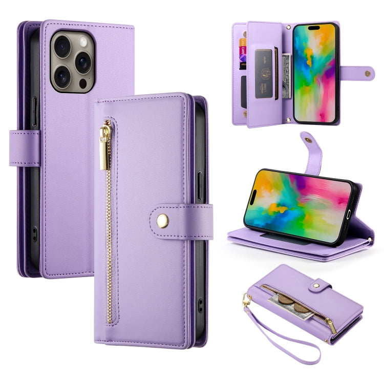 For iPhone 16 Pro Nine Card-slot Zipper Wallet Bag Leather Phone Case(Purple) - iPhone 16 Pro Cases by buy2fix | Online Shopping UK | buy2fix