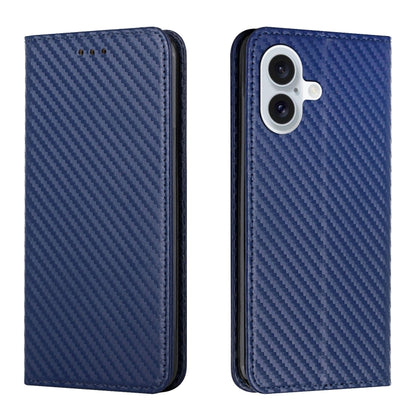 For iPhone 16 Plus Carbon Fiber Texture Magnetic Flip Leather Phone Case(Blue) - iPhone 16 Plus Cases by buy2fix | Online Shopping UK | buy2fix