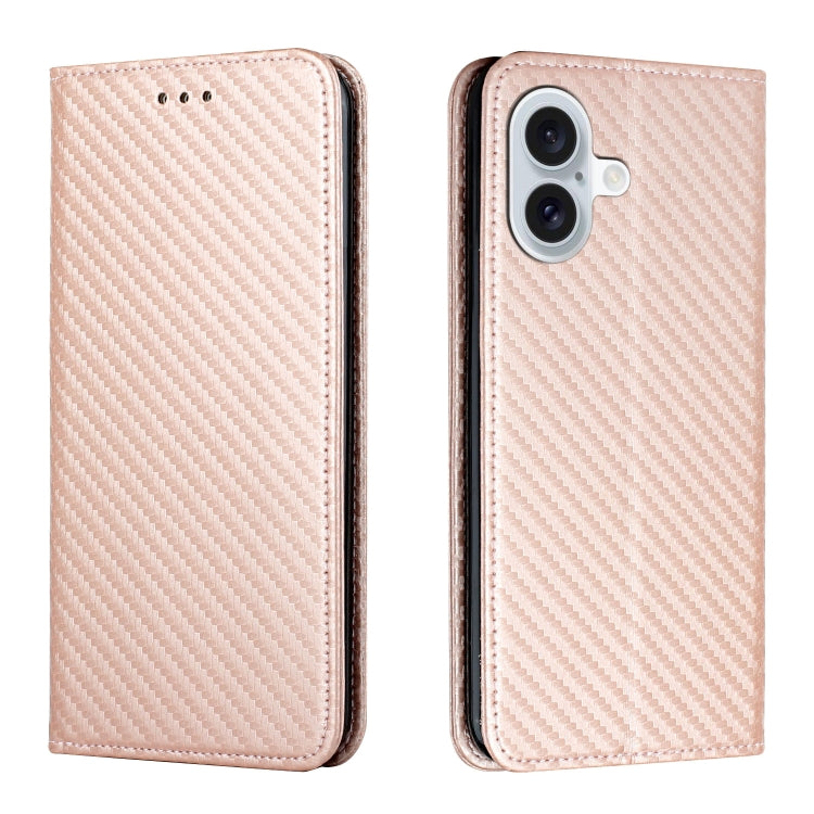 For iPhone 16 Carbon Fiber Texture Magnetic Flip Leather Phone Case(Rose Gold) - iPhone 16 Cases by buy2fix | Online Shopping UK | buy2fix