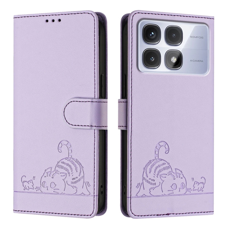 For Redmi K70 Ultra 5G Global Cat Rat Embossed Pattern RFID Leather Phone Case with Lanyard(Purple) - Xiaomi Cases by buy2fix | Online Shopping UK | buy2fix