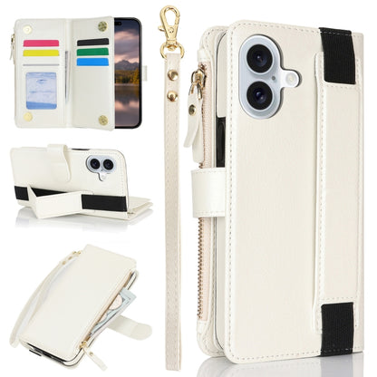 For iPhone 16 Plus Wristband Holder Zipper Purse RFID Leather Phone Case(White) - iPhone 16 Plus Cases by buy2fix | Online Shopping UK | buy2fix