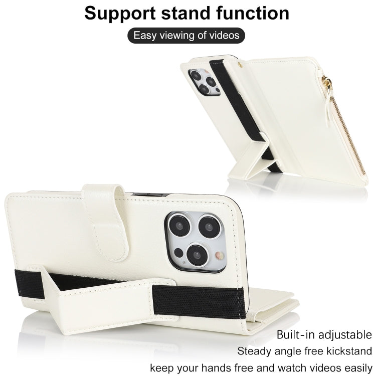 For iPhone 16 Pro Wristband Holder Zipper Purse RFID Leather Phone Case(White) - iPhone 16 Pro Cases by buy2fix | Online Shopping UK | buy2fix