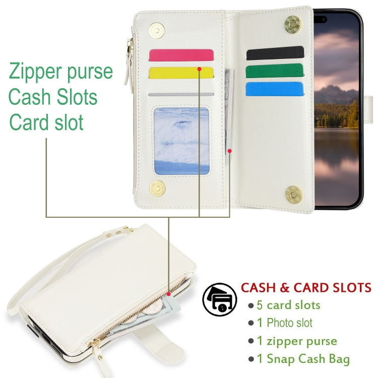 For iPhone 16 Pro Wristband Holder Zipper Purse RFID Leather Phone Case(White) - iPhone 16 Pro Cases by buy2fix | Online Shopping UK | buy2fix