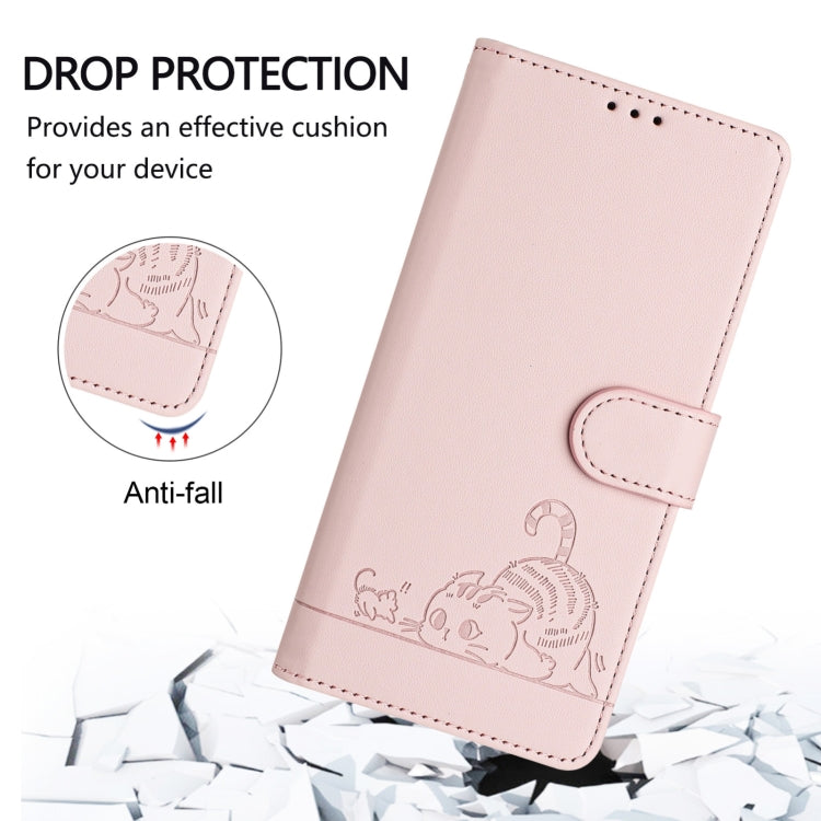 For Samsung Galaxy S25 5G Cat Rat Embossed RFID Leather Phone Case with Lanyard(Pink) - Galaxy S25 5G Cases by buy2fix | Online Shopping UK | buy2fix