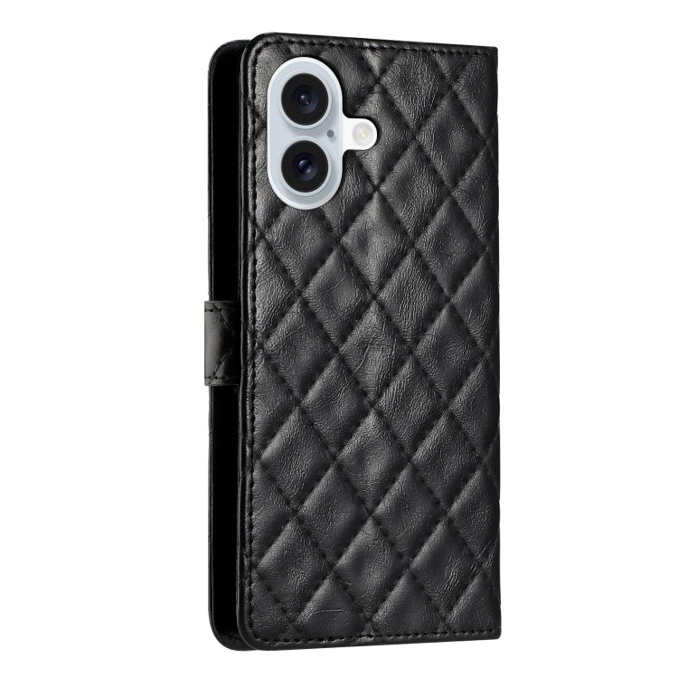 For iPhone 16 Plus Rhombus Lattice Texture Leather Phone Case(Black) - iPhone 16 Plus Cases by buy2fix | Online Shopping UK | buy2fix