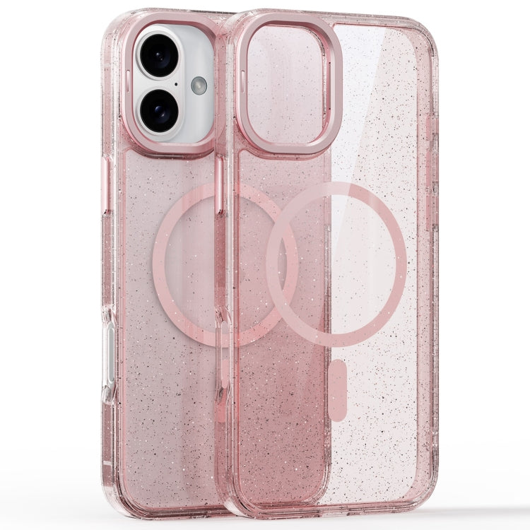 For iPhone 16 Glitter Powder Lens Holder MagSafe Magnetic Phone Case(Transparent Pink) - iPhone 16 Cases by buy2fix | Online Shopping UK | buy2fix