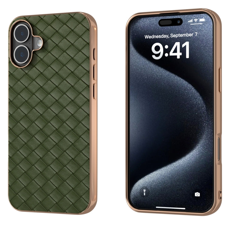 For iPhone 16 Plus Electroplated Frame Woven Texture PU Phone Case(Green) - iPhone 16 Plus Cases by buy2fix | Online Shopping UK | buy2fix